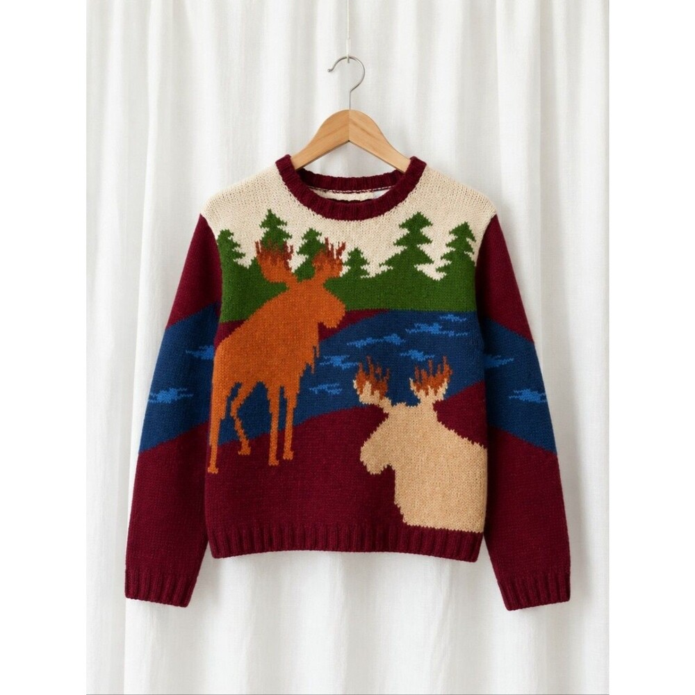 90s Lizsport Moose Scenic Novelty Knit Sweater Woodland USA Made Cotton Pullover